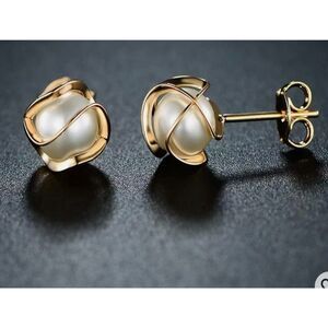 Premium 18K Gold Plated Caged Pearl Stud Earrings with Satin Purse - Xmas Gift!